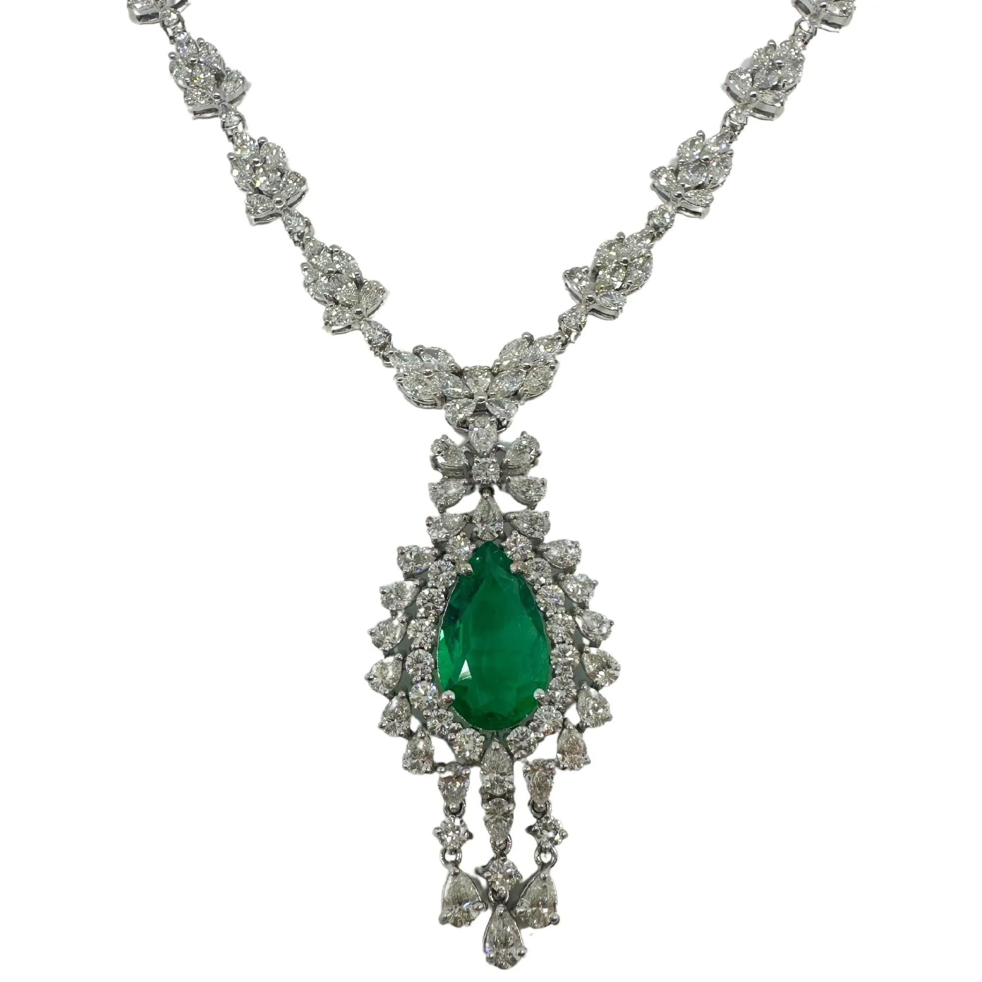 18K White Gold Marquise and Pearl Cut Diamond and Pear Cut Emerald Drop Necklace