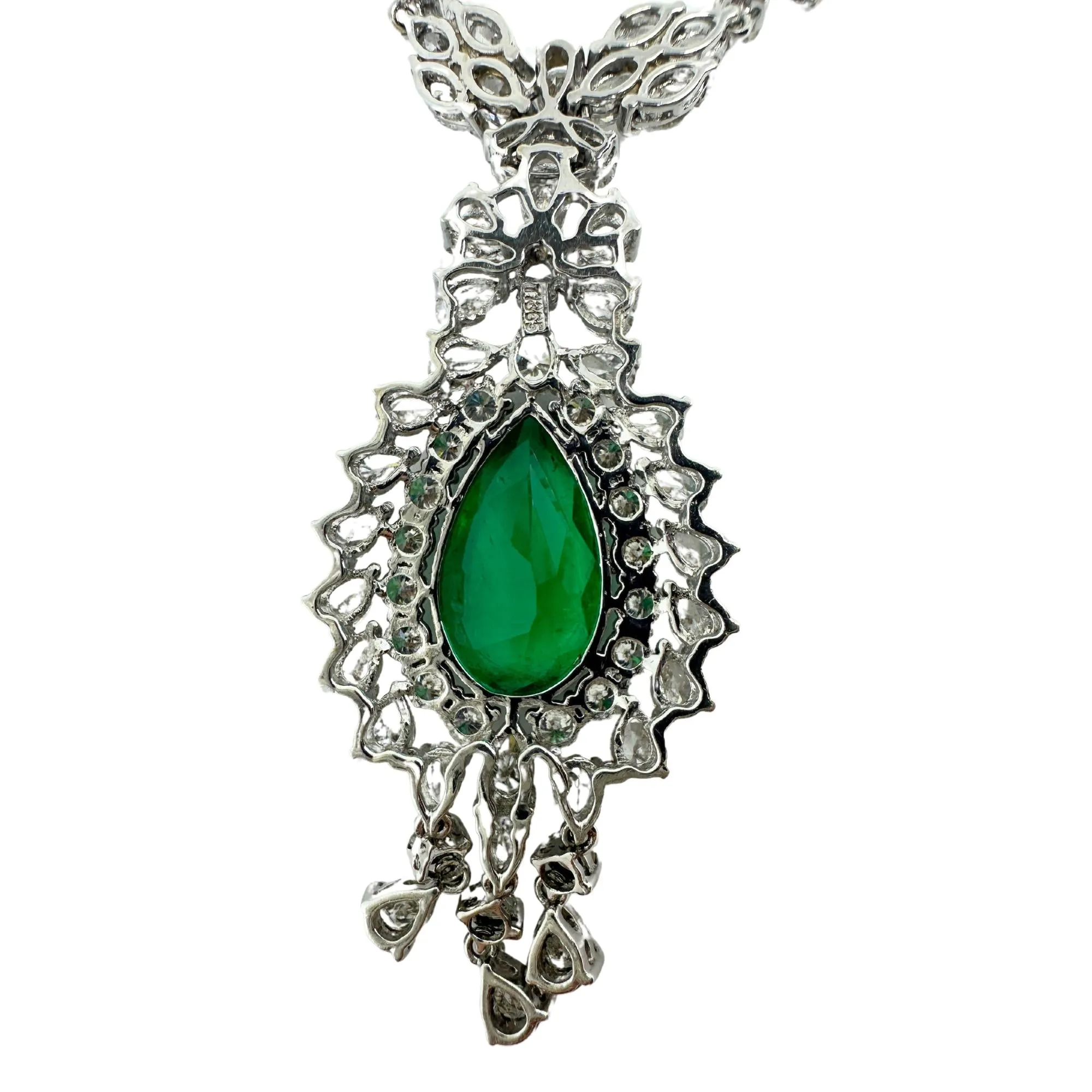 18K White Gold Marquise and Pearl Cut Diamond and Pear Cut Emerald Drop Necklace
