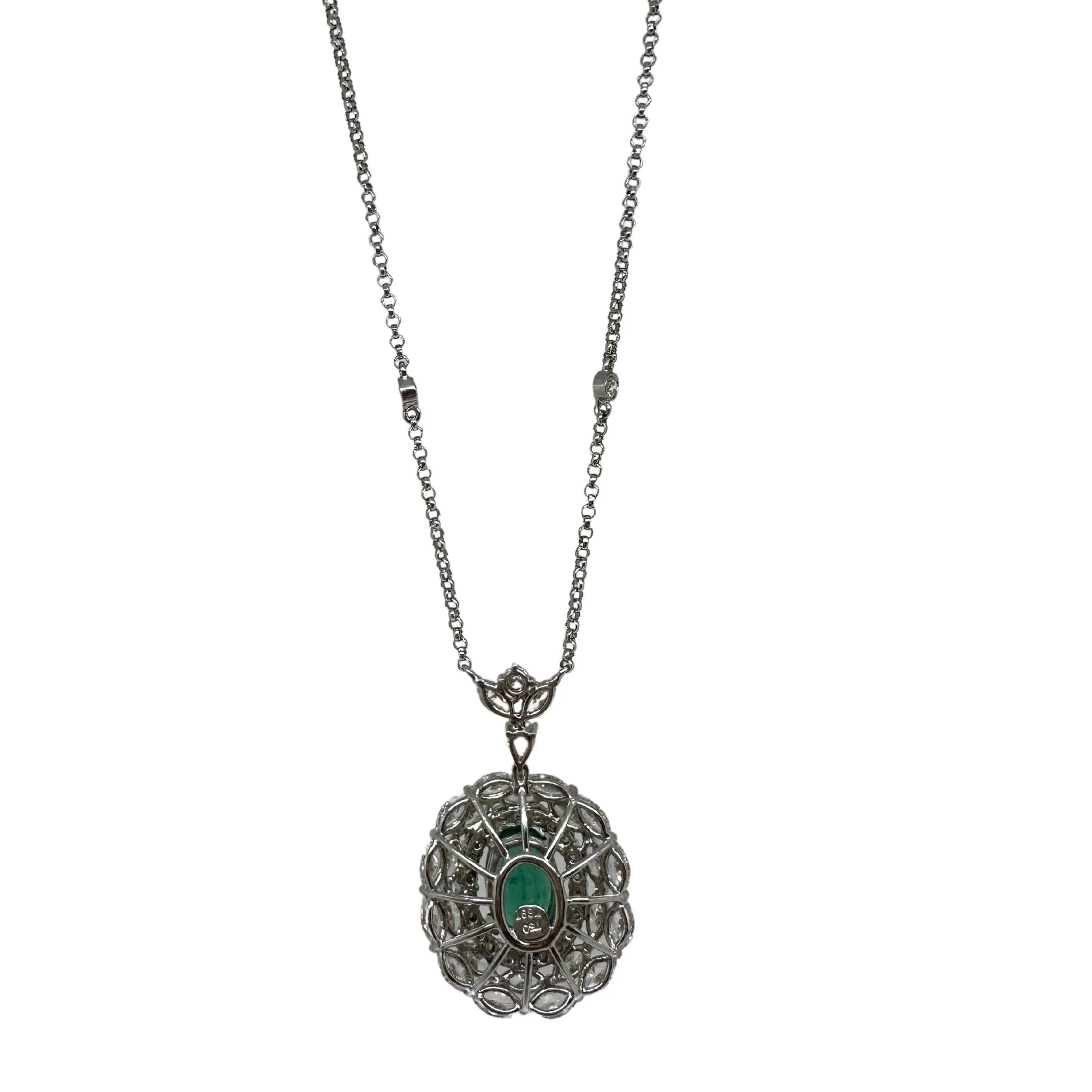 18K White Gold Marquise Cut Diamond and Oval Emerald Necklace