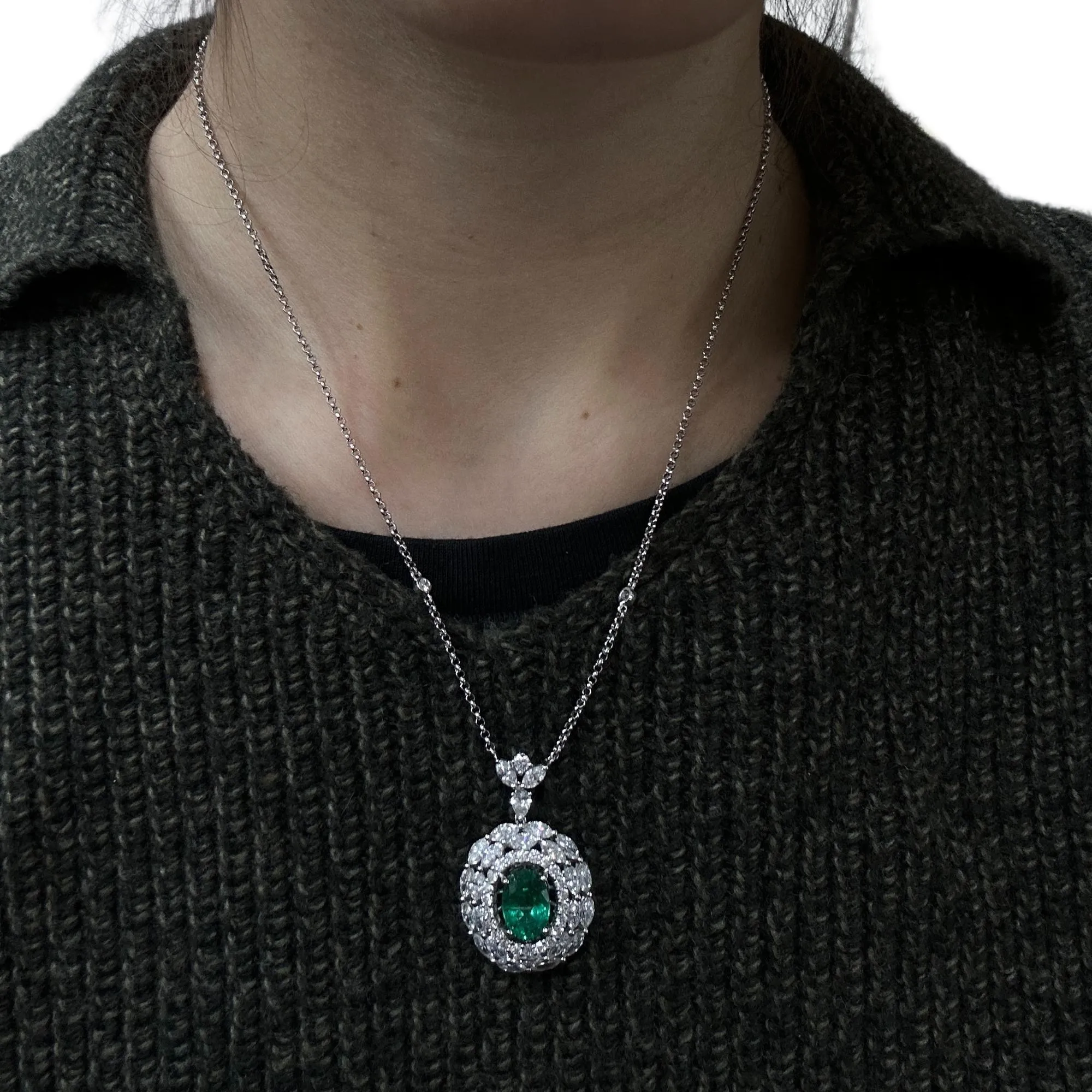 18K White Gold Marquise Cut Diamond and Oval Emerald Necklace