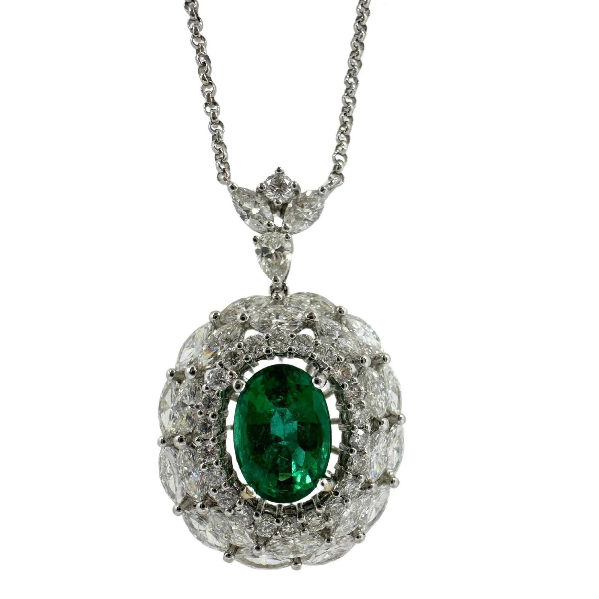 18K White Gold Marquise Cut Diamond and Oval Emerald Necklace