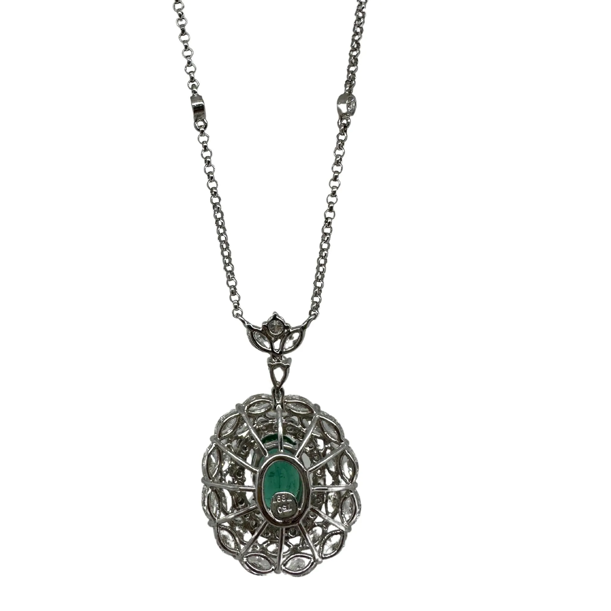18K White Gold Marquise Cut Diamond and Oval Emerald Necklace