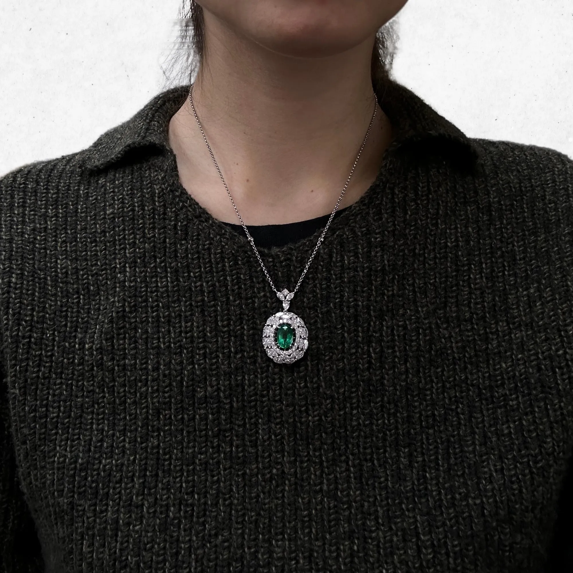 18K White Gold Marquise Cut Diamond and Oval Emerald Necklace