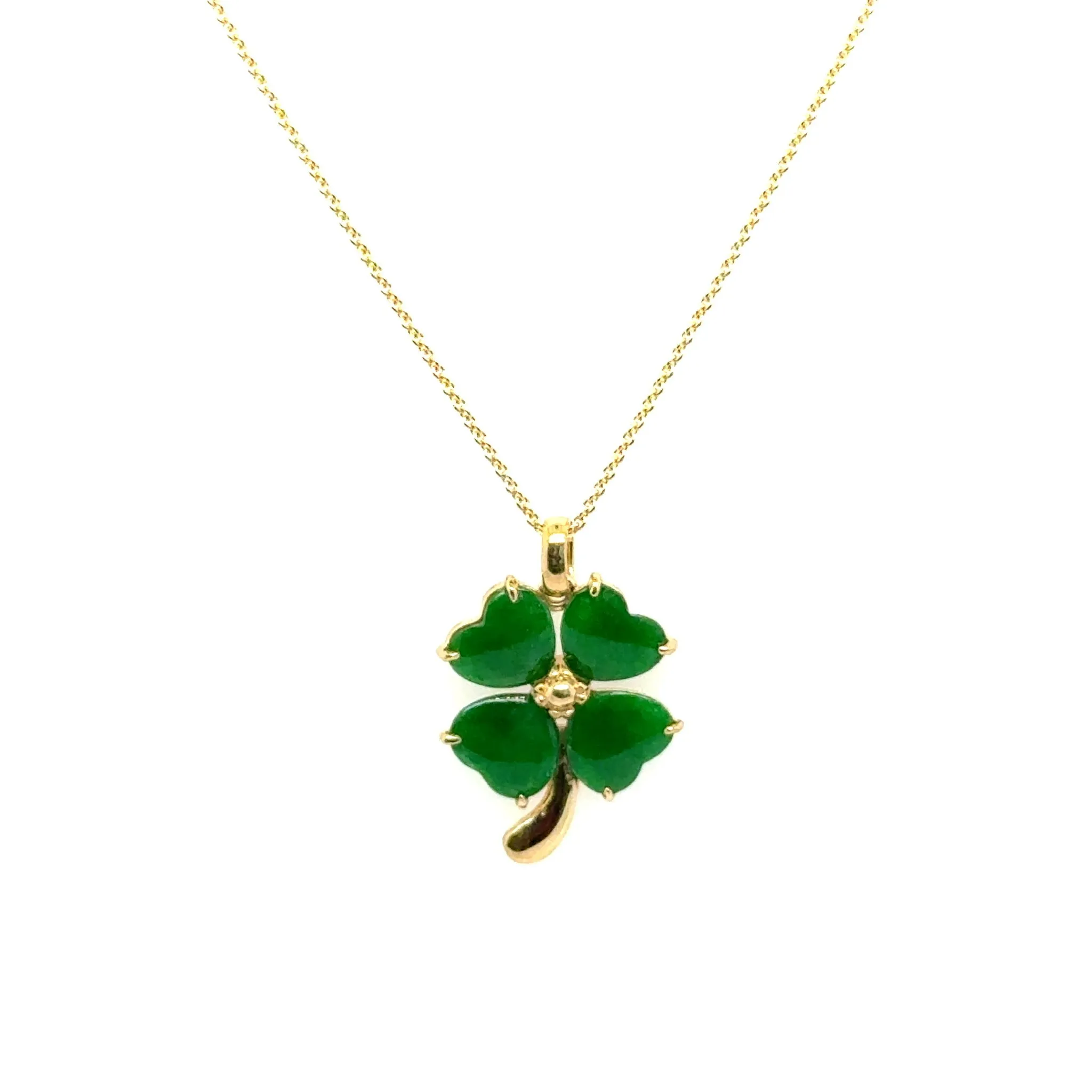 18kt Gold Burmese Emerald Green Jadeite Clover Necklace