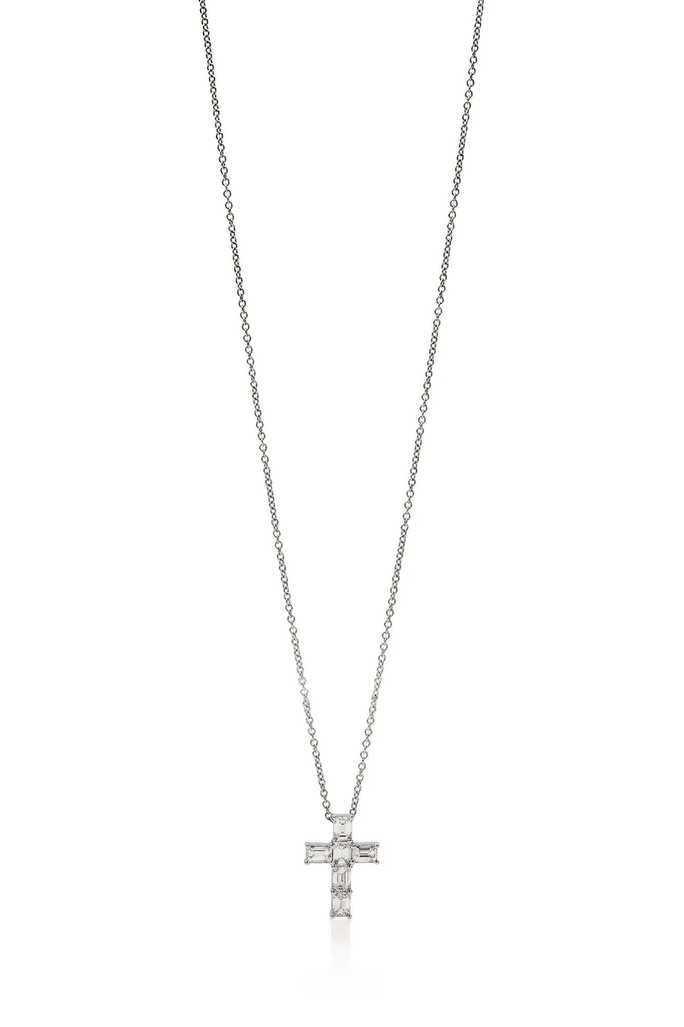 18KW Emerald Cut Diamond Cross Necklace