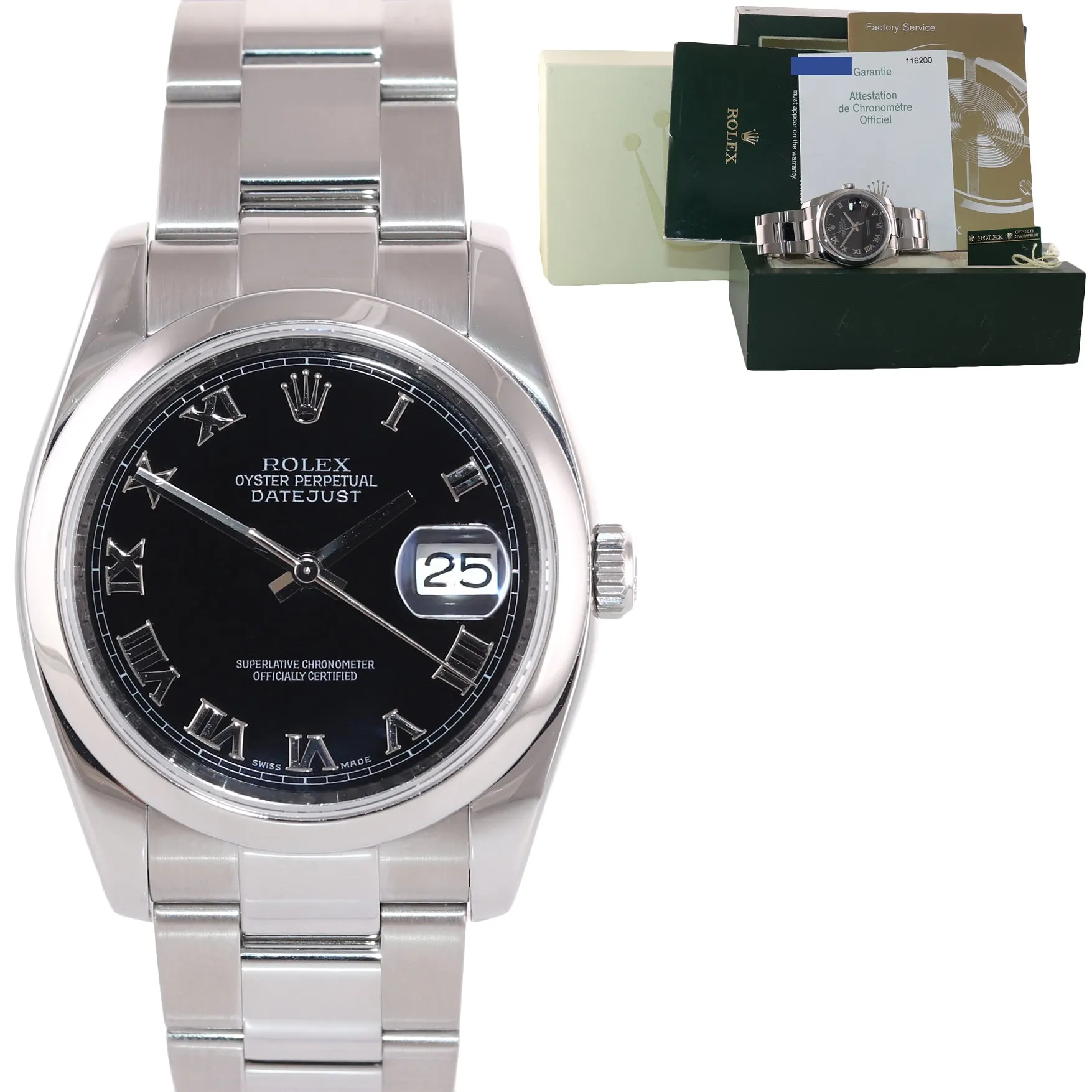 2007 Papers Rolex DateJust 36 116200 Black Roman Oyster Steel 36mm Watch Box