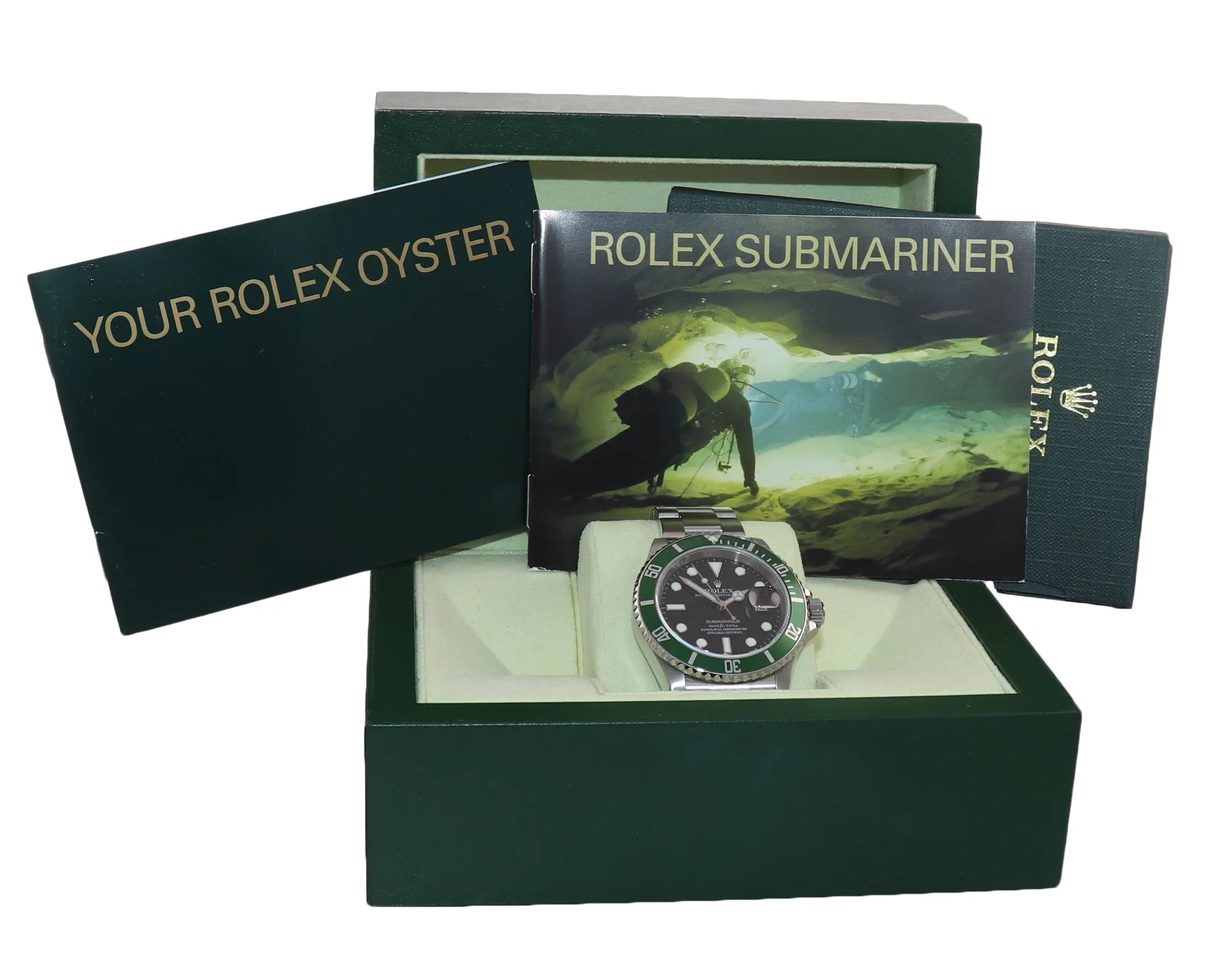 2008 MINT Rolex Submariner Green Kermit 16610LV Engraved Rehaut Watch Box