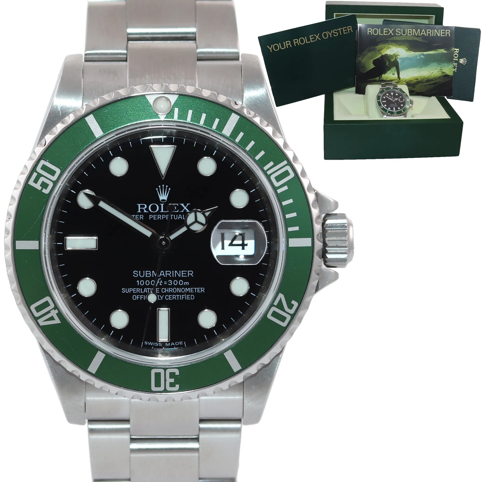 2008 MINT Rolex Submariner Green Kermit 16610LV Engraved Rehaut Watch Box