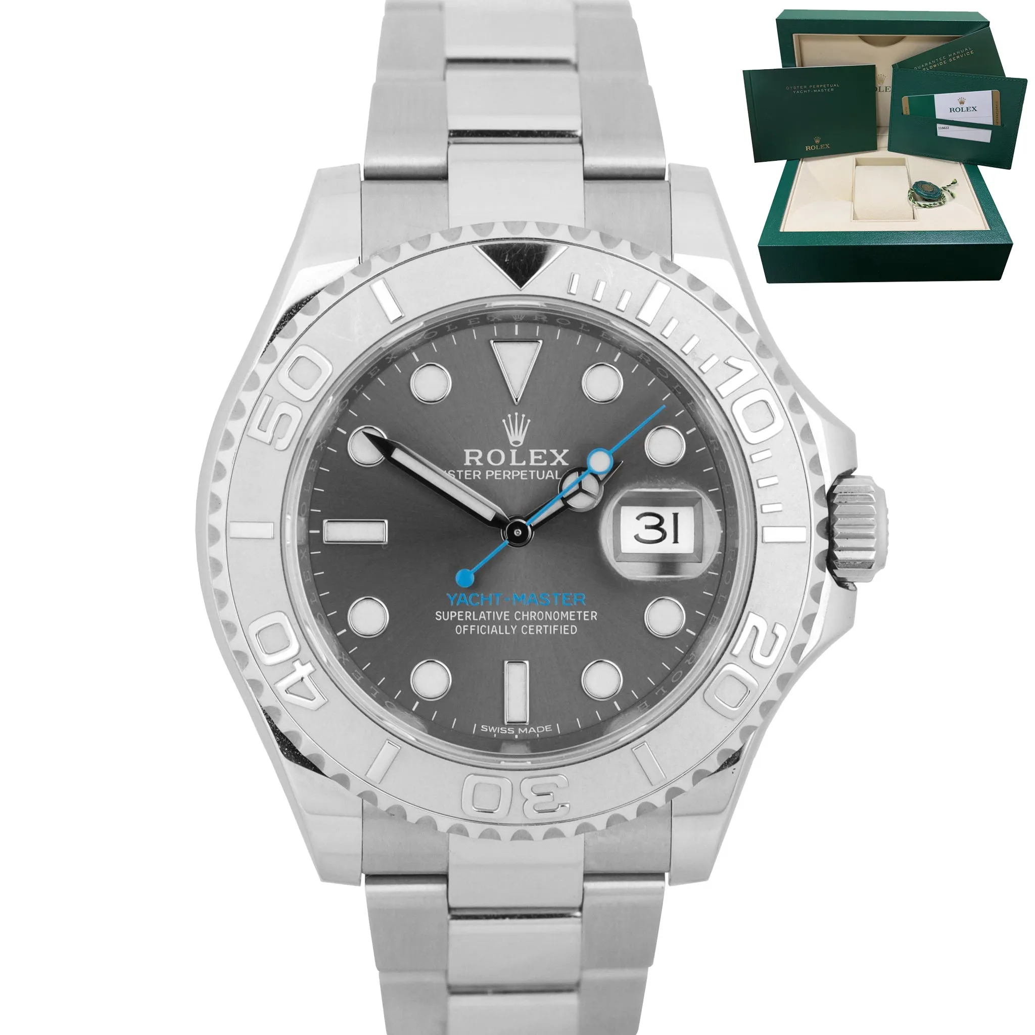 2016 Rolex Yacht-Master Rhodium 116622 Stainless Platinum Blue 40mm Swiss Watch