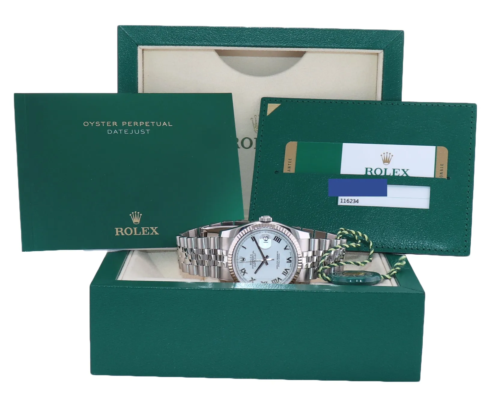 2019 PAPERS Rolex DateJust White Stick 116234 36mm Jubilee Steel Fluted Watch Box