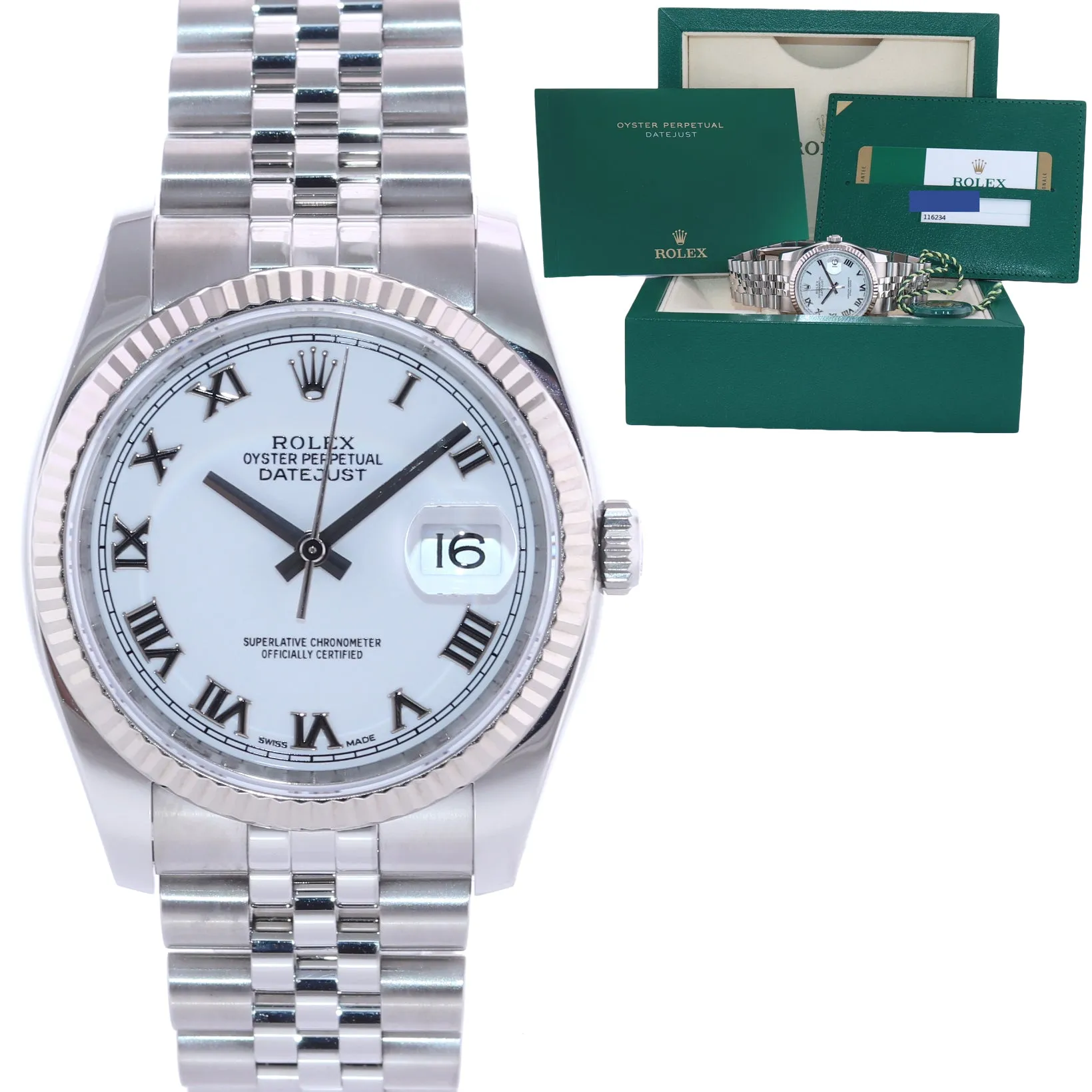 2019 PAPERS Rolex DateJust White Stick 116234 36mm Jubilee Steel Fluted Watch Box