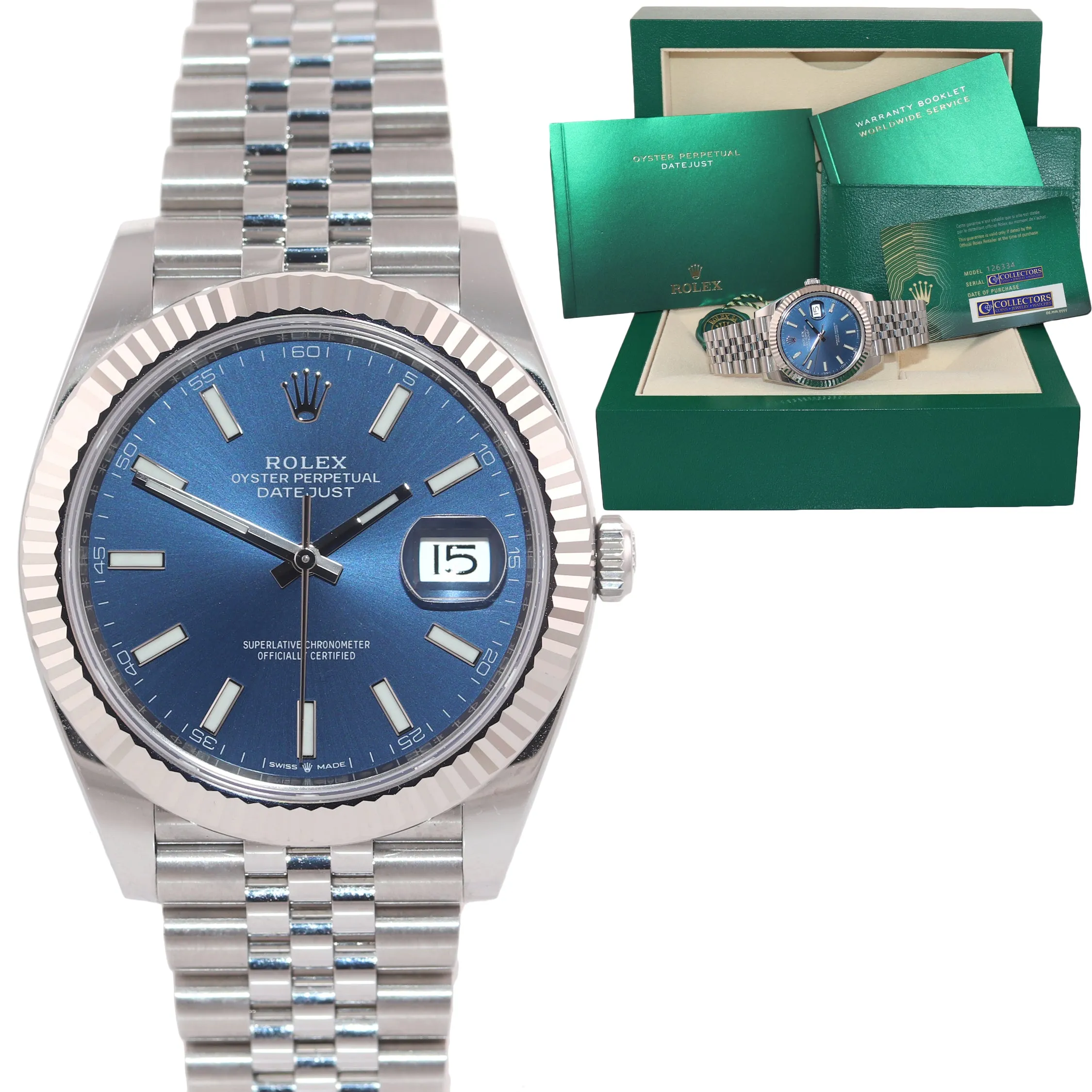 2021 BRAND NEW PAPERS Rolex DateJust 41 Blue Super Jubilee Fluted 126334 Watch