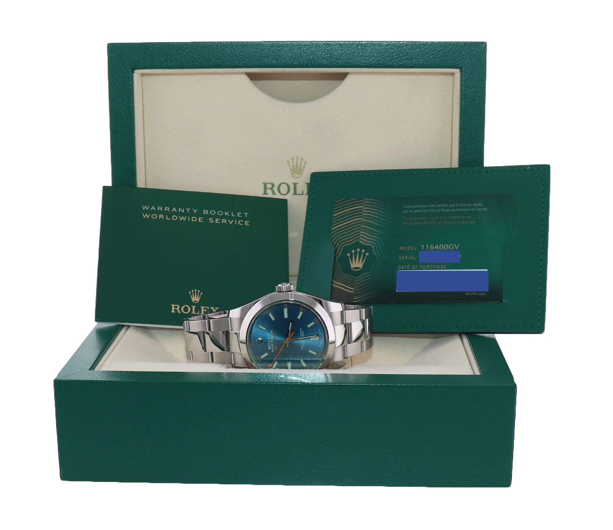 2021 New Papers Rolex Milgauss Blue Anniversary Green 116400GV Steel Watch Box