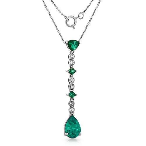2.20ct Emerald Gem and  Diamond Dangling Pendant Necklace, 18K White Gold
