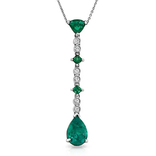 2.20ct Emerald Gem and  Diamond Dangling Pendant Necklace, 18K White Gold