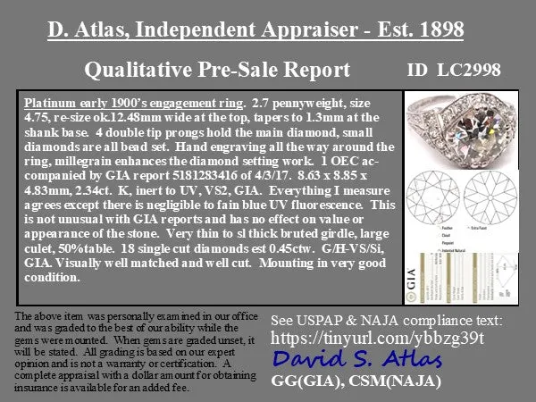 2.34ct Edwardian Old European Cut Diamond Solitaire, GIA K VS2