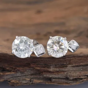 2.50 Carat Stunning Off White Diamond Solitaire Stud Earrings in 925 Silver with Accents in White Finish! Great Sparkle and Excellent Cut! Certified Diamonds, Gift For Birthday/Anniversary
