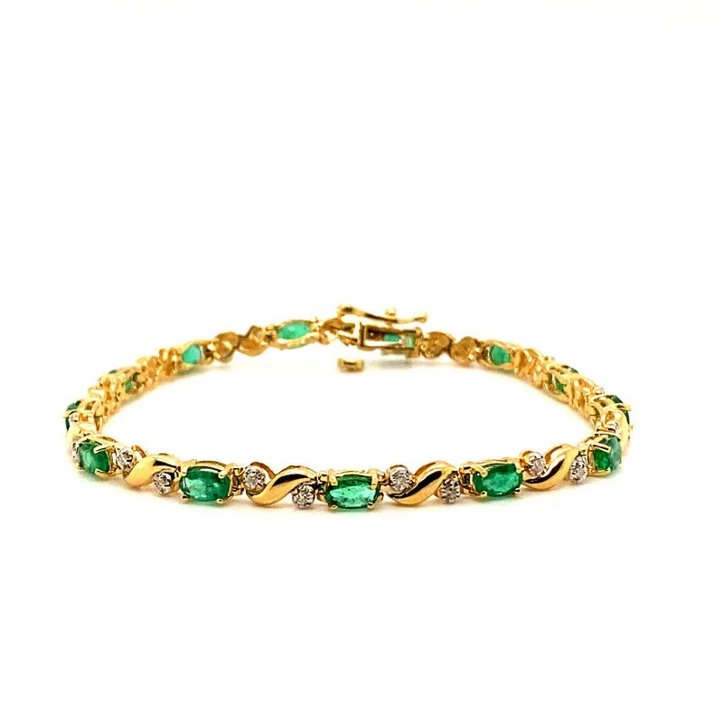 2.82 Carat Natural Diamond & Emerald Bracelet G-H SI 14K Yellow Gold 7''