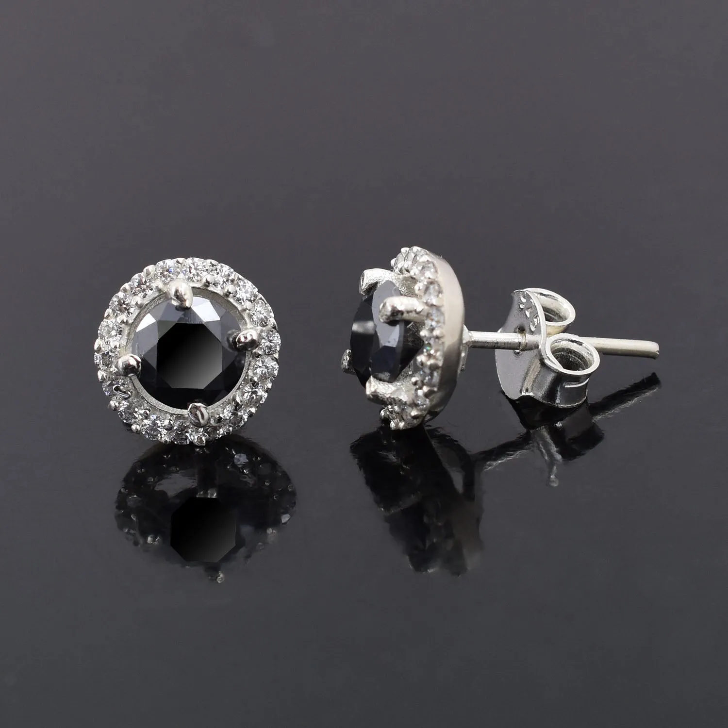 2ct each Round Cut Black Diamond Studs with Black Diamond Accents Unisex, Ideal Gift For Wife, Girlfriend