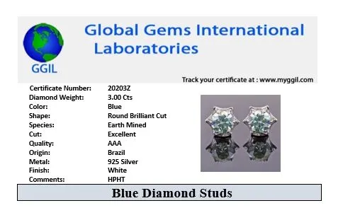 3 Ct Amazing Blue Diamond Solitaire Star Design Studs, 100% Certified, Great Brilliance !