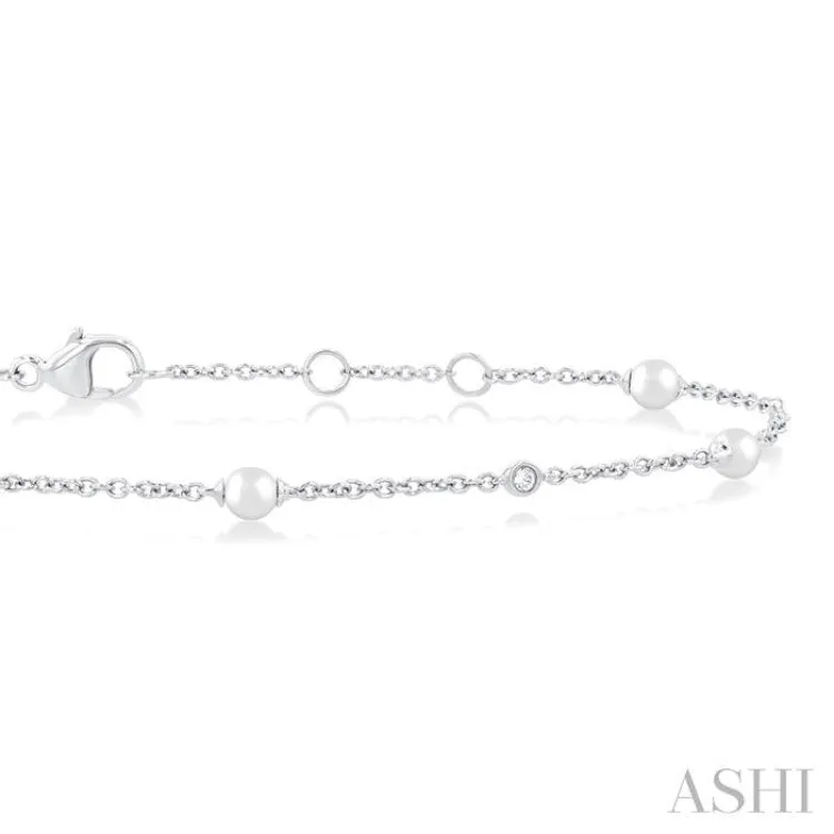3 MM Round Shape Cultured Pearl and 1/20 ctw Round Cut Diamond Fashion Station Bracelet in 14K White Gold