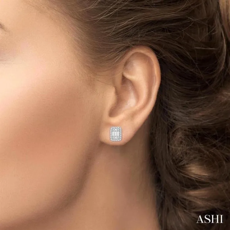 3/4 ctw Octagonal Baguette & Round Cut Diamond Stud Earrings in 14K White Gold