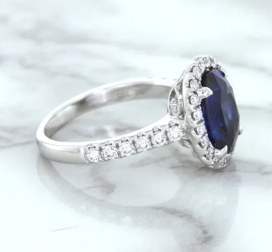 3.68ct. Oval GIA Certified Blue Sapphire Ring with Diamond Halo in 18K White Gold