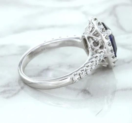 3.68ct. Oval GIA Certified Blue Sapphire Ring with Diamond Halo in 18K White Gold