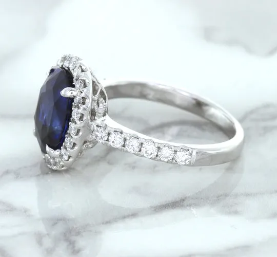 3.68ct. Oval GIA Certified Blue Sapphire Ring with Diamond Halo in 18K White Gold