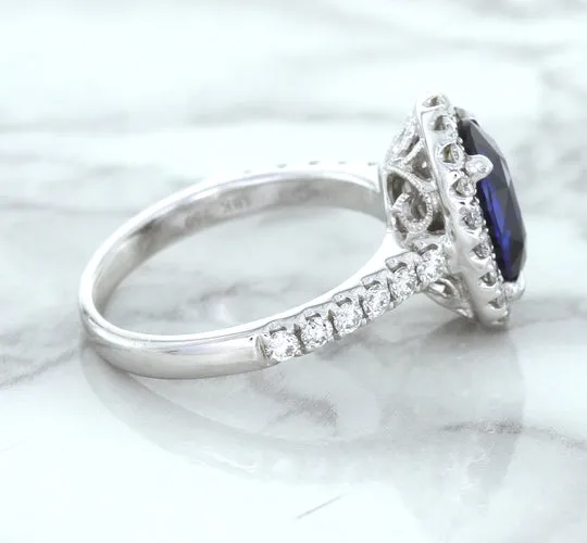 3.68ct. Oval GIA Certified Blue Sapphire Ring with Diamond Halo in 18K White Gold