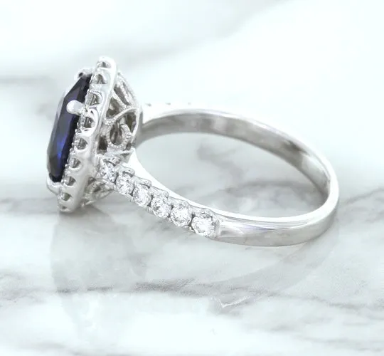 3.68ct. Oval GIA Certified Blue Sapphire Ring with Diamond Halo in 18K White Gold