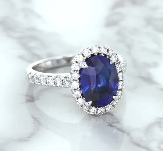 3.68ct. Oval GIA Certified Blue Sapphire Ring with Diamond Halo in 18K White Gold
