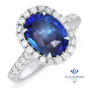3.68ct. Oval GIA Certified Blue Sapphire Ring with Diamond Halo in 18K White Gold
