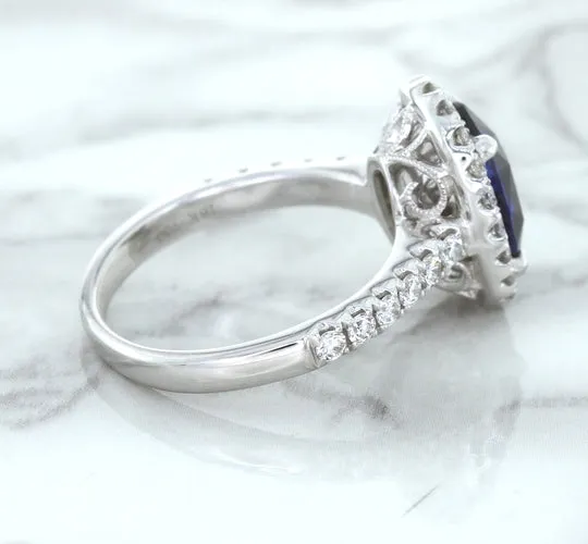 3.68ct. Oval GIA Certified Blue Sapphire Ring with Diamond Halo in 18K White Gold