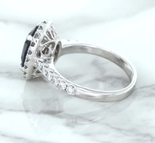 3.68ct. Oval GIA Certified Blue Sapphire Ring with Diamond Halo in 18K White Gold