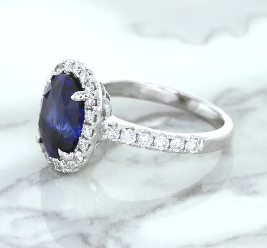 3.68ct. Oval GIA Certified Blue Sapphire Ring with Diamond Halo in 18K White Gold