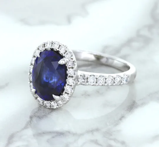3.68ct. Oval GIA Certified Blue Sapphire Ring with Diamond Halo in 18K White Gold