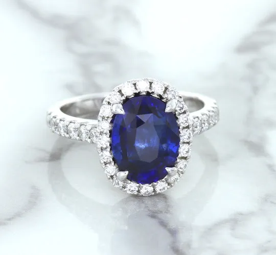 3.68ct. Oval GIA Certified Blue Sapphire Ring with Diamond Halo in 18K White Gold