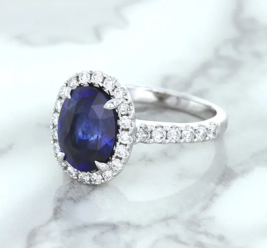 3.68ct. Oval GIA Certified Blue Sapphire Ring with Diamond Halo in 18K White Gold