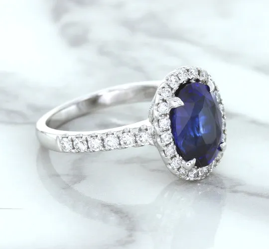 3.68ct. Oval GIA Certified Blue Sapphire Ring with Diamond Halo in 18K White Gold