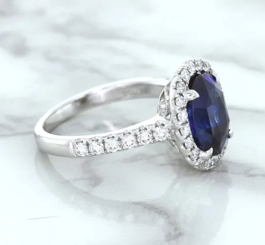 3.68ct. Oval GIA Certified Blue Sapphire Ring with Diamond Halo in 18K White Gold