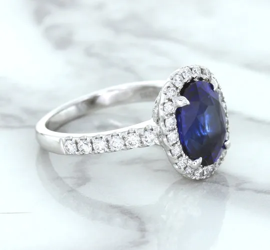 3.68ct. Oval GIA Certified Blue Sapphire Ring with Diamond Halo in 18K White Gold