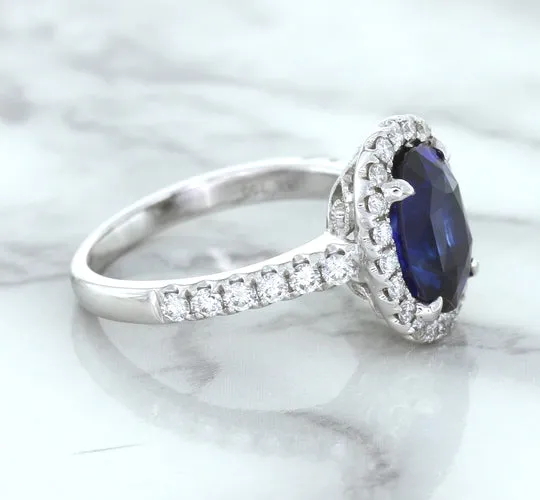 3.68ct. Oval GIA Certified Blue Sapphire Ring with Diamond Halo in 18K White Gold