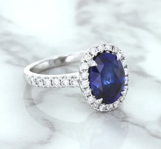 3.68ct. Oval GIA Certified Blue Sapphire Ring with Diamond Halo in 18K White Gold
