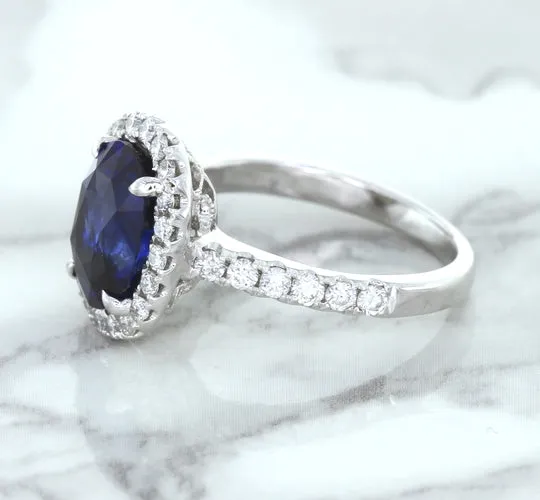 3.68ct. Oval GIA Certified Blue Sapphire Ring with Diamond Halo in 18K White Gold