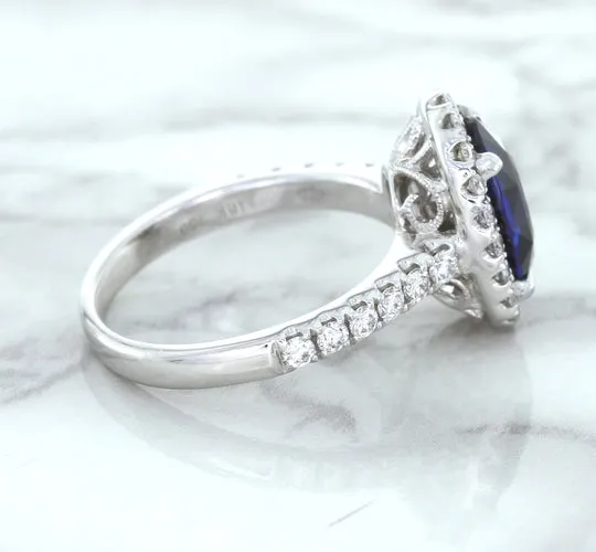 3.68ct. Oval GIA Certified Blue Sapphire Ring with Diamond Halo in 18K White Gold