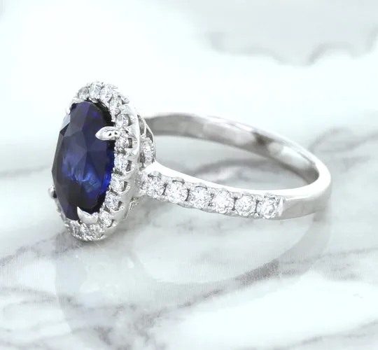 3.68ct. Oval GIA Certified Blue Sapphire Ring with Diamond Halo in 18K White Gold
