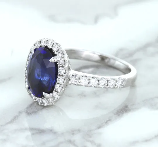 3.68ct. Oval GIA Certified Blue Sapphire Ring with Diamond Halo in 18K White Gold