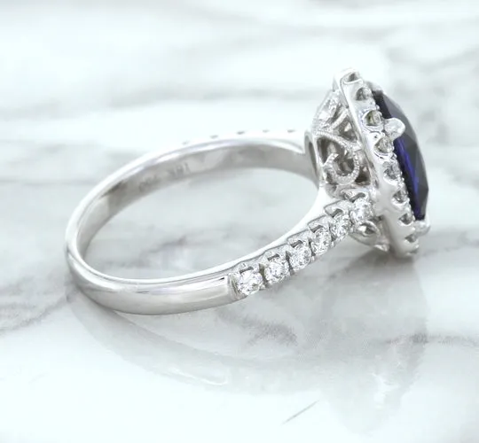 3.68ct. Oval GIA Certified Blue Sapphire Ring with Diamond Halo in 18K White Gold