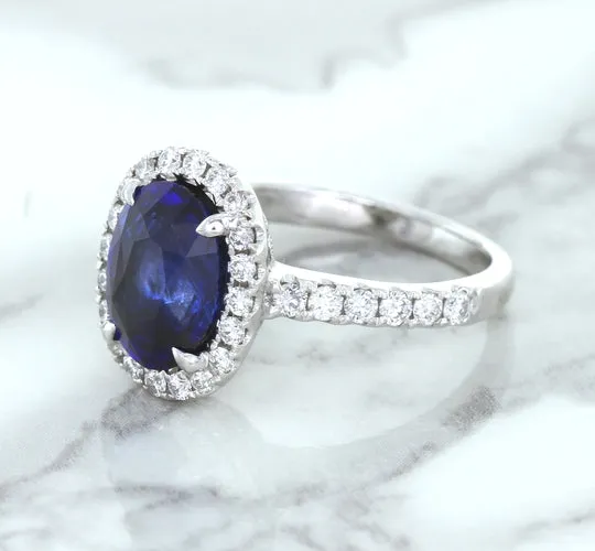 3.68ct. Oval GIA Certified Blue Sapphire Ring with Diamond Halo in 18K White Gold